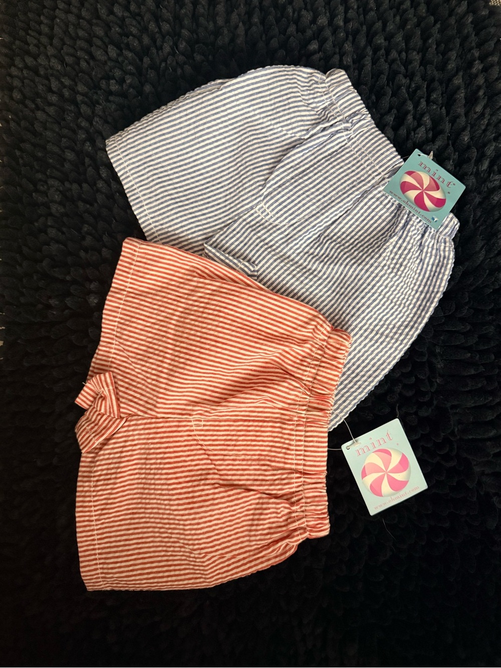 Mint Kids Striped Seersucker Shorts in Coral and Blue